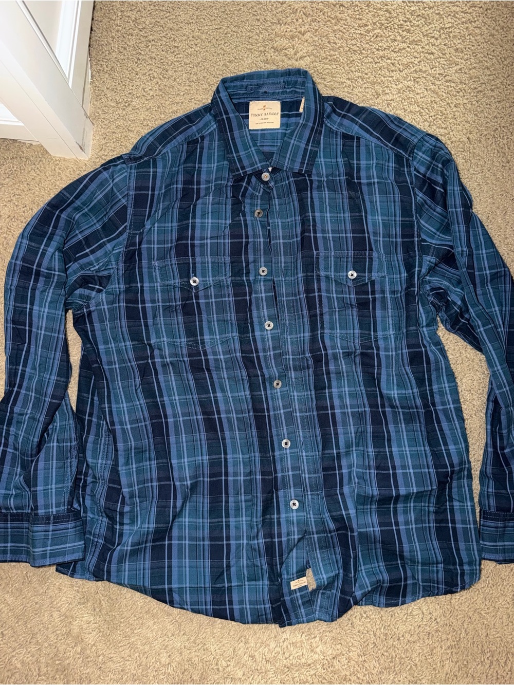Tommy Bahama Navy and Teal Plaid Button-Down Shirt